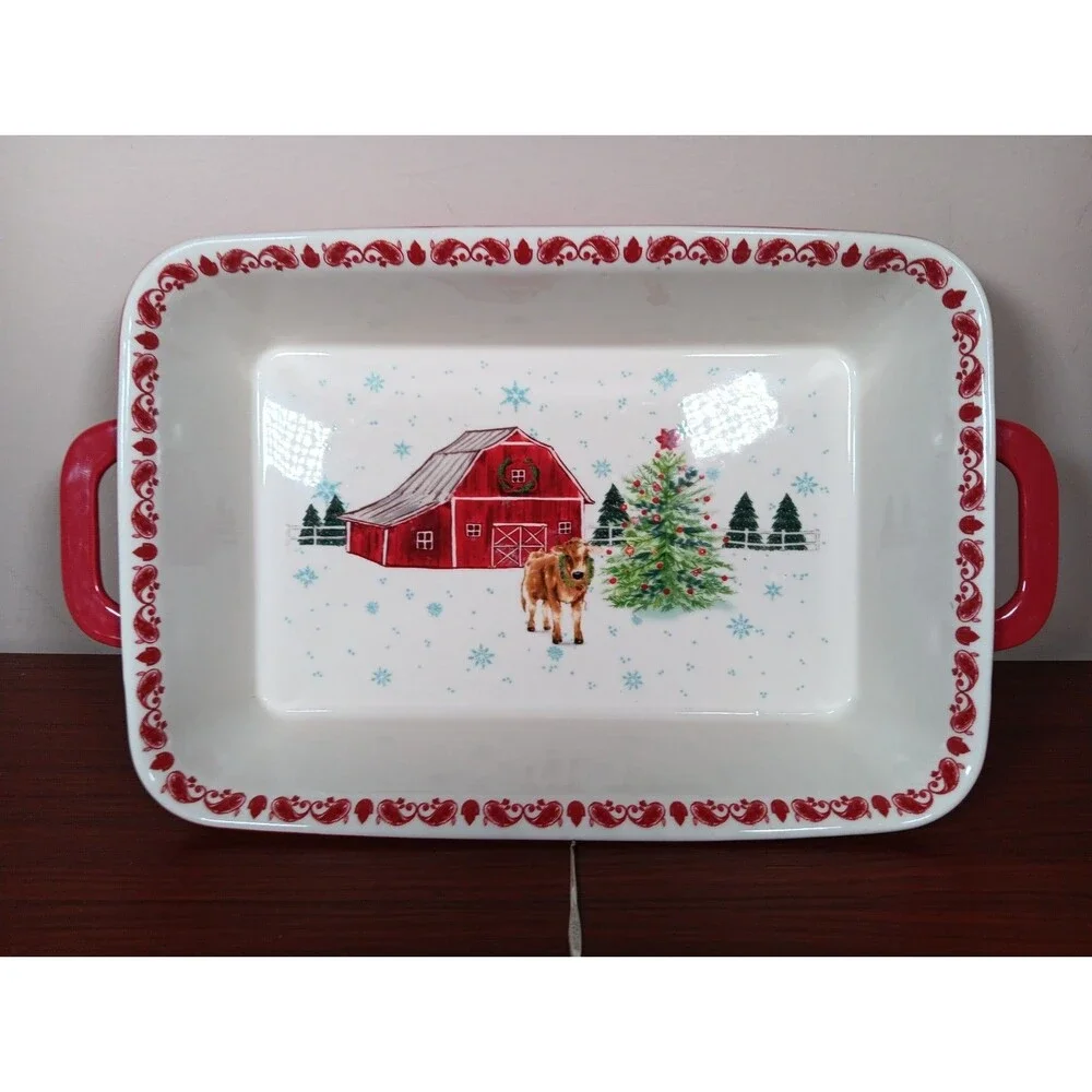 Pioneer Woman Holiday Barn 13x9 Baker Casserole Dish Red White Cow Christmas EUC